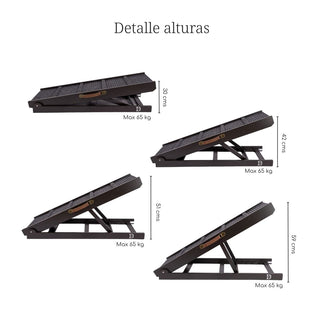 Rampa Oxford: detalle de las 4 alturas, 30, 42, 51 y 59 cm, con carga máxima de 65 kg